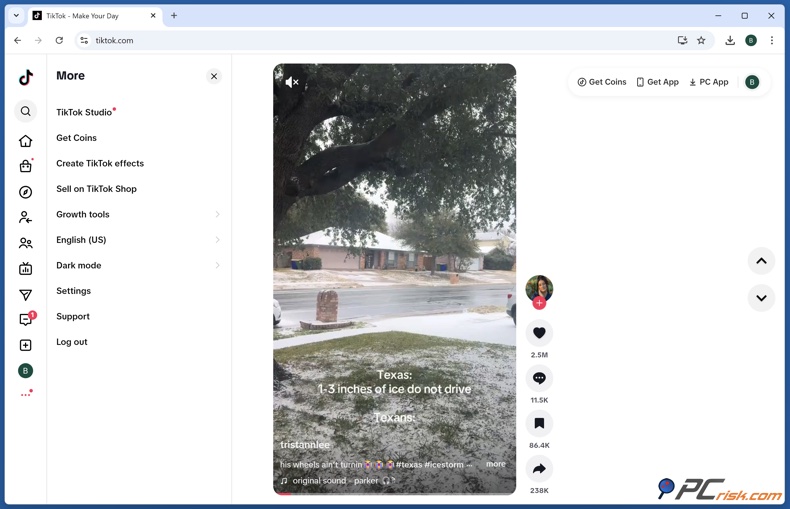 TikTok-Seitenmenü und Schaltfläche Münzen erhalten