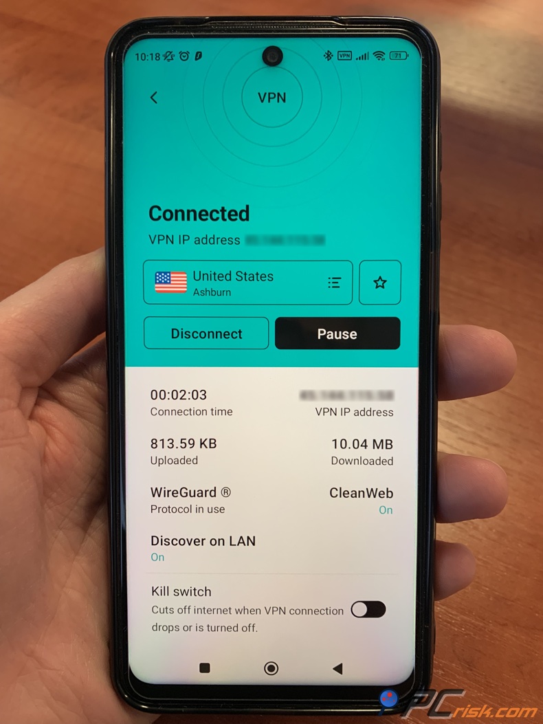 Surfshark für Android Dashboard