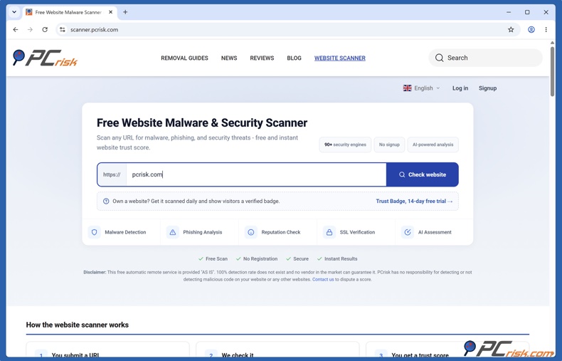 Startseite des PCrisk Website Scanners