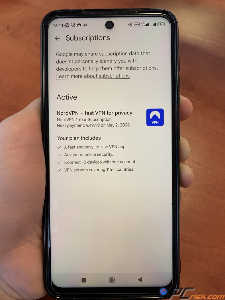 NordVPN-Abonnementinformationen im Google Play Store