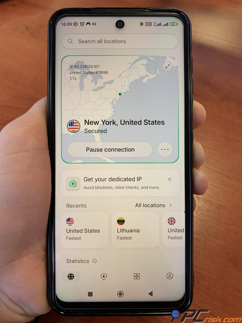 NordVPN Android verbunden mit den USA