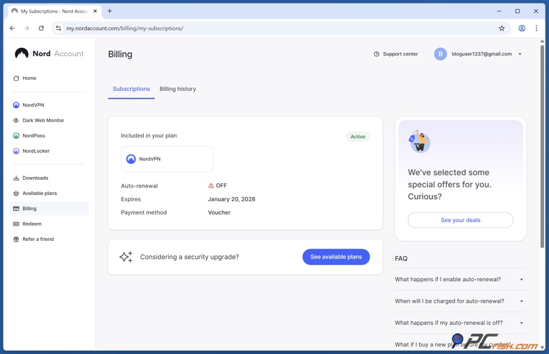 NordVPN Dashboard Abrechnungsbereich