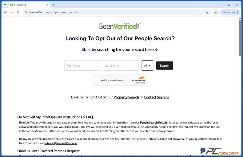 BeenVerified opt out form