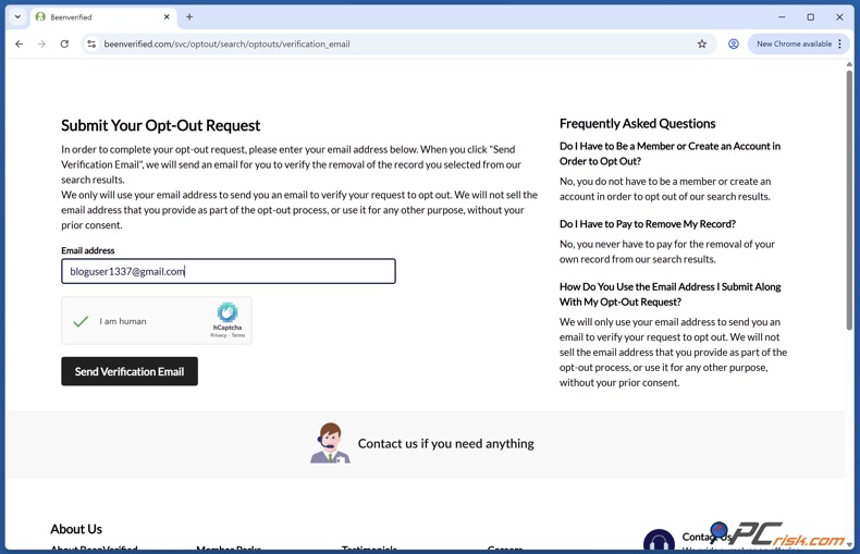 BeenVerified opt out form submission window