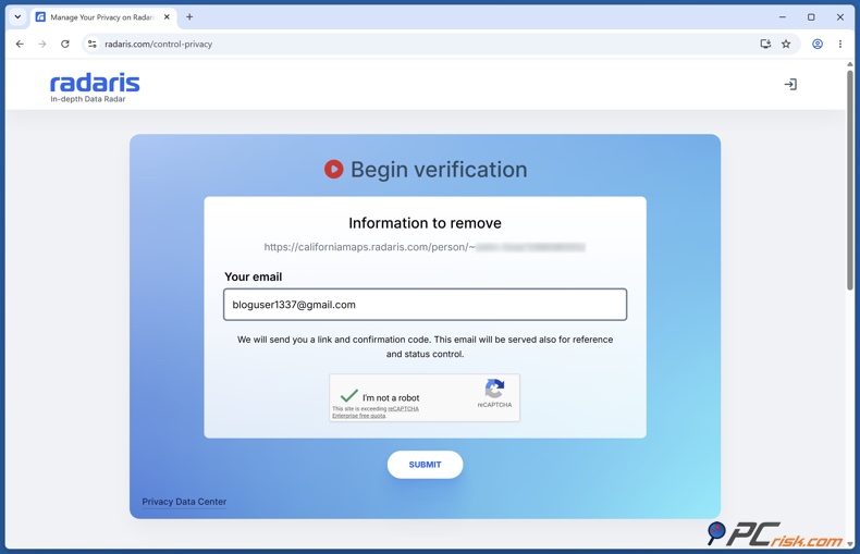 Radaris email verification