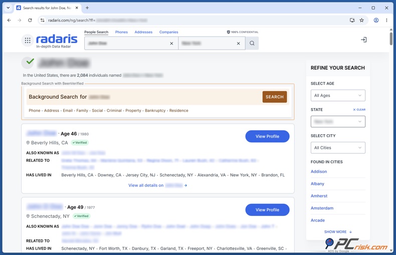 Radaris profile search results