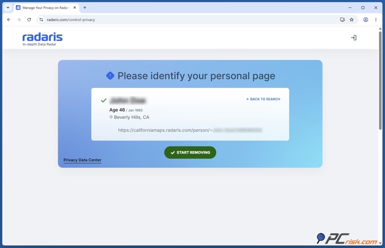 Radaris personal page identification