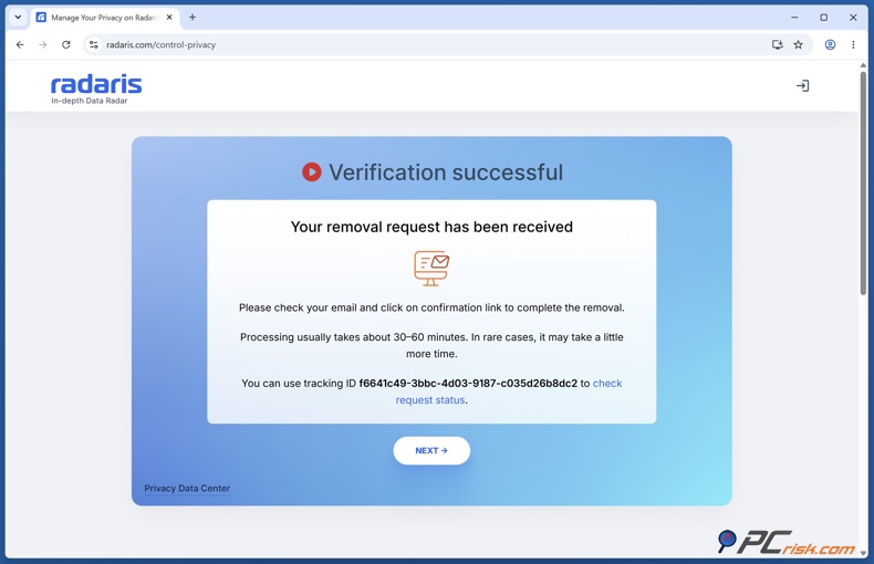 Radaris verification succesful