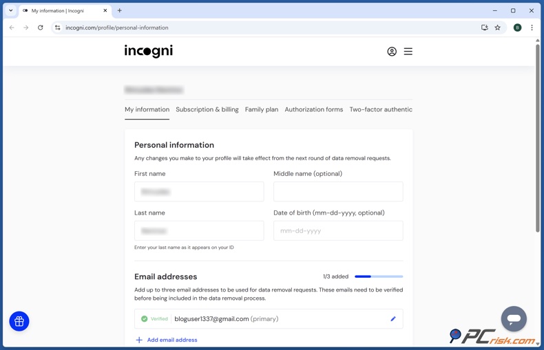 Incogni personal information