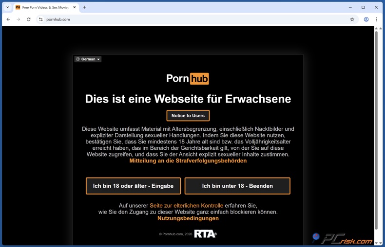 Die Seite zur Altersüberprüfung bei Pornhub