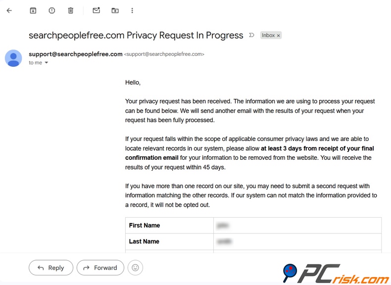 SearchPeopleFREE-Abmeldeanfrage-Bestätigungs-E-Mail