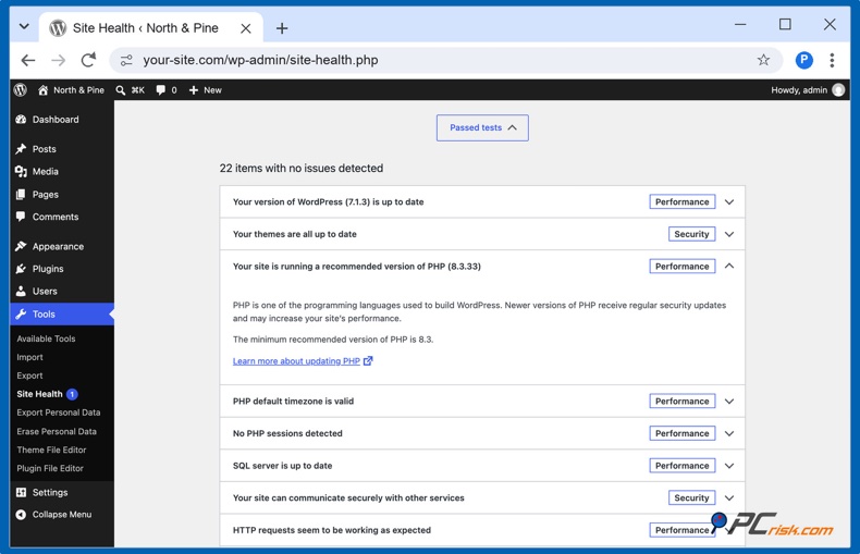 WordPress Website-Zustand empfohlene PHP-Version
