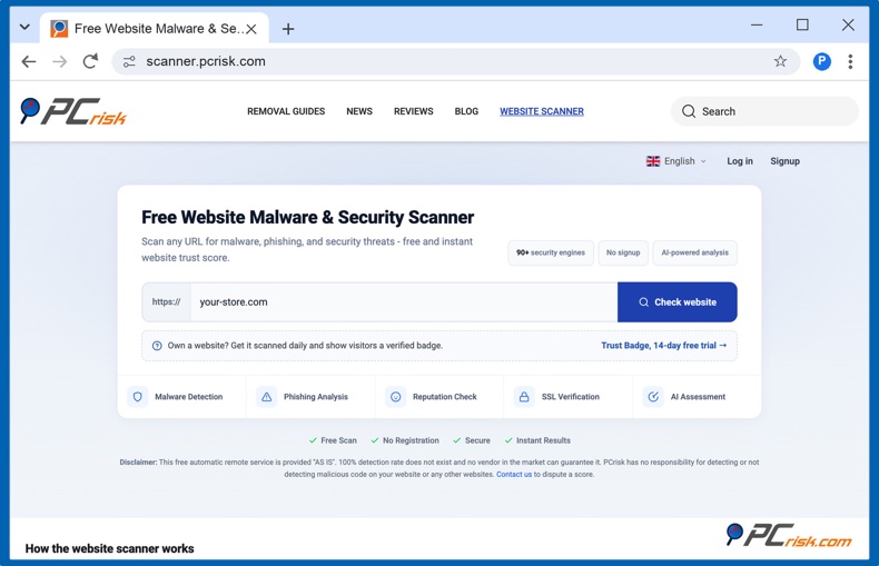 PCrisk Website Scanner beim Scannen eines Shops