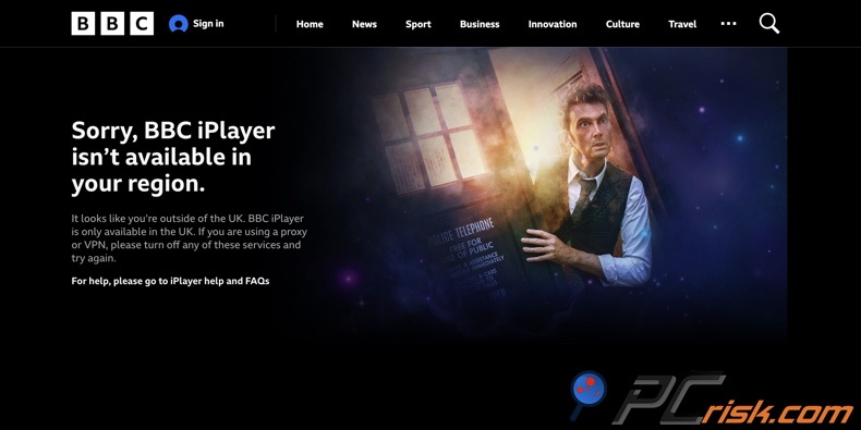 BBC iPlayer - Meldung, dass der Dienst in Ihrer Region nicht verfügbar ist