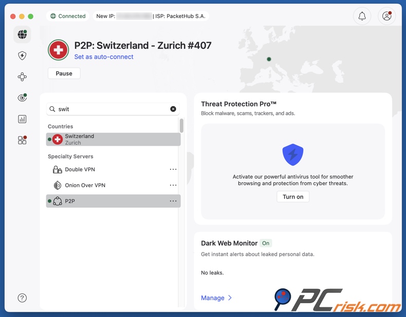 NordVPN verbunden mit der Schweiz
