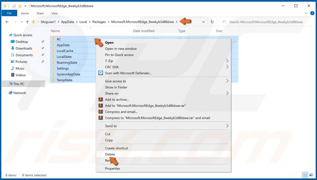 Machen sie eine Rechtsklick mit der Maus auf alle Microsoft Edge Dateien in Appdata und klicken Sie auf Löschen