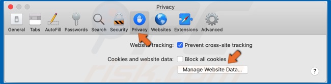 Wählen Sie Privatsphäre und klicken Sie auf Webseiten-Daten verwalten