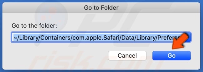Öffnen Sie das Fenster Zum Ordner gehen und geben Sie den Dateipfad com.apple.Safari.plist ein