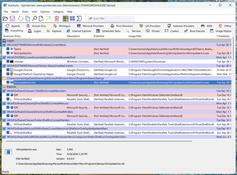 Autoruns 14.x mit aktivierter Option Hide Microsoft Entries und den Registerkarten Logon und Scheduled Tasks