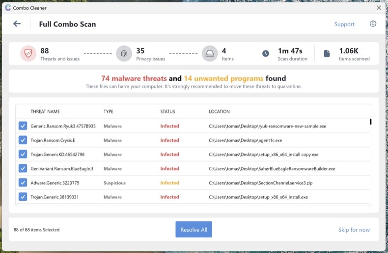 Ergebnisse des vollständigen Scans von Combo Cleaner mit erkannten Bedrohungen