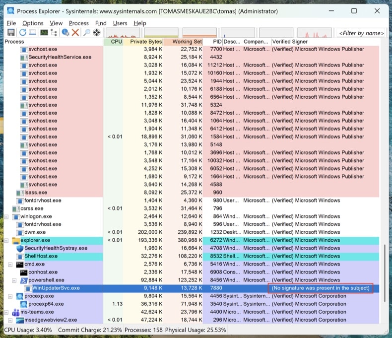 Process Explorer mit einem verdächtigen unsignierten Prozess, der aus %AppData% ausgeführt wird