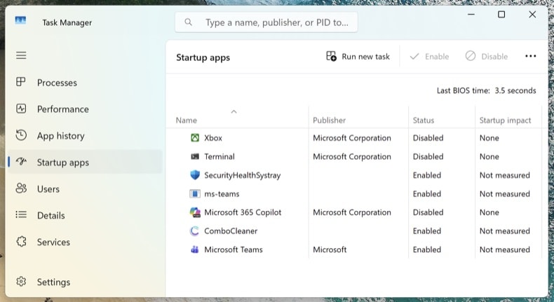 Überprüfung der Malware-Entfernung auf der Registerkarte Autostart-Apps im Task-Manager von Windows 11