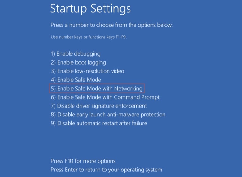 Windows 10 im abgesicherten Modus mit Netzwerktreibern starten - im Bildschirm Starteinstellungen F5 drücken