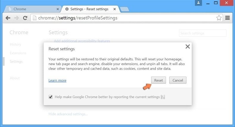 Resetting Google Chrome settings to default - confirm that you want to reset Chrome settings to default by clicking the Reset button