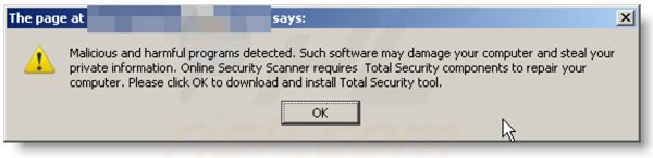 Fake pop-up used in rogue antivirus distribution example 1