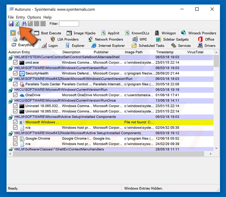 Oben auf 'Optionen' klicken und 'Hide Empty Locations' und 'Hide Windows Entries' Optionen deaktivieren