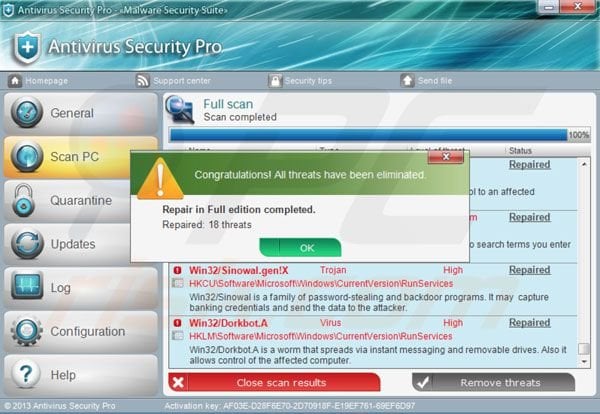 Antivirus Security Pro nachdem der Aktivierungsschlüssel eingegeben wurde