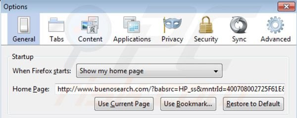 BuenoSearch Homepage auf Mozilla Firefox