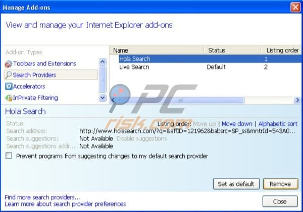 Holasearch.com Entfernung von Internet Explorer