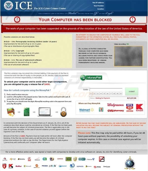 Der ICE Cyber Crime Center - Computer Gesperrt MoneyPak Ransomware