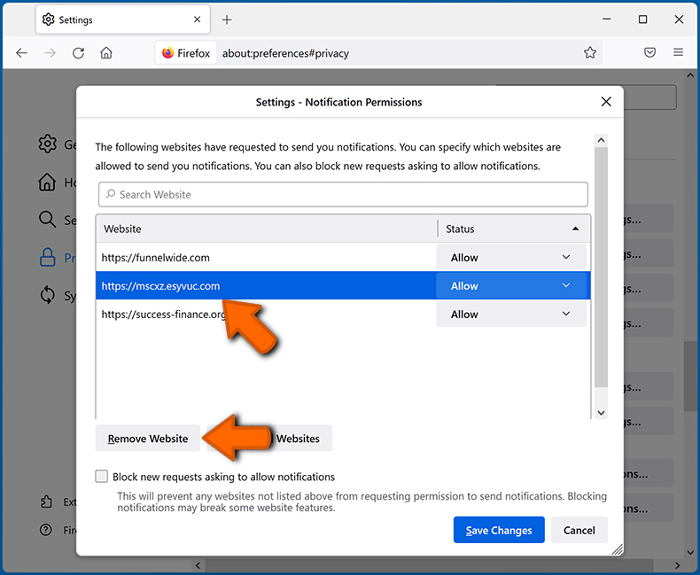 Internetbrowser-Benachrichtigungen bei Mozilla Firefox entfernen (Schritt 2)