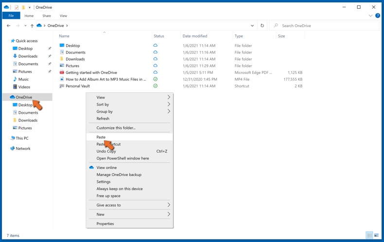 Fügen Sie die kopierte Datei in den OneDrive Ordner ein, um eine Datensicherung zu erzeugen
