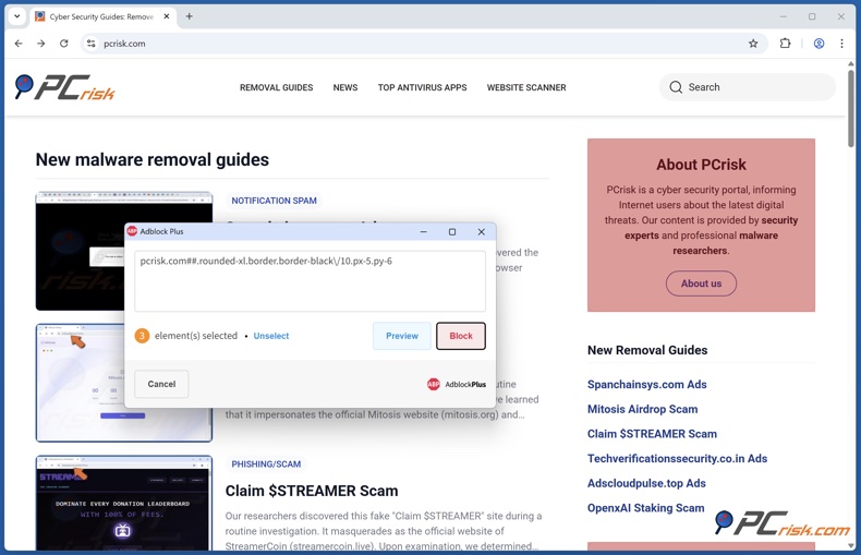 Adblock Plus Elementblock-Eingabeaufforderung