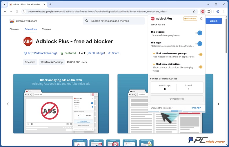 Adblock Plus Premium Erweiterungsmenü