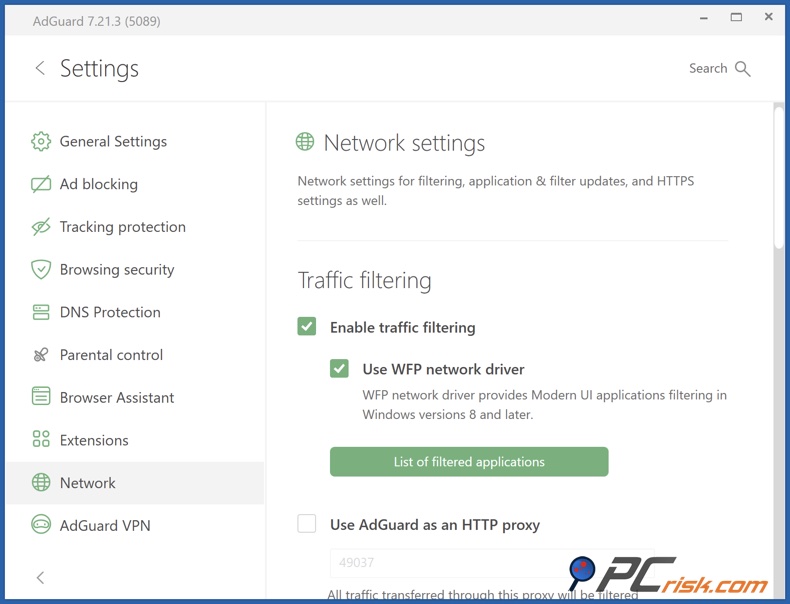 AdGuard Verkehrsfiltrierung