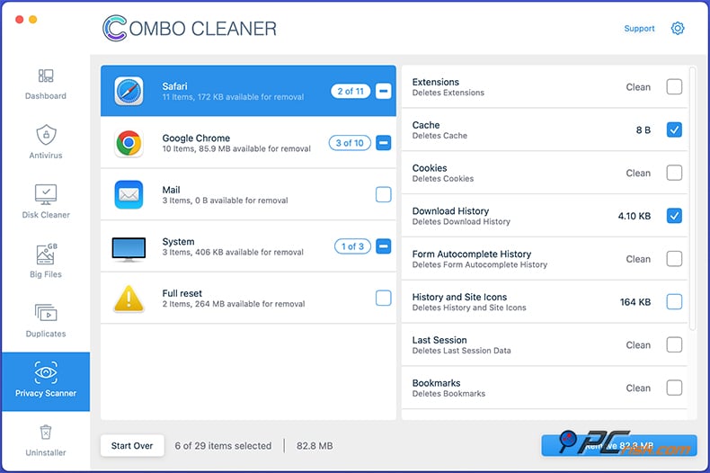Combo Cleaner Datenschutz-Scanner-Funktion unter macOS