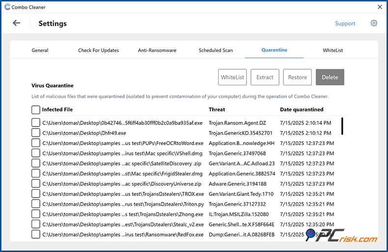 Combo Cleaner Quarantäne window