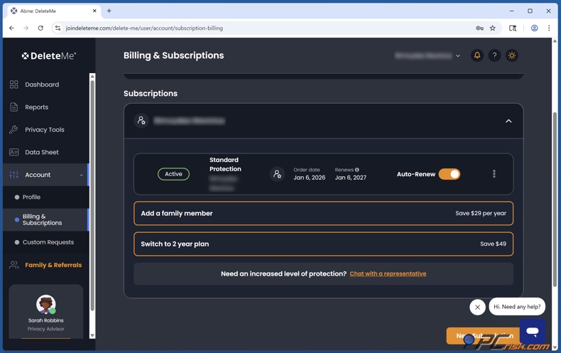 DeleteMe Rechnungsstellung und Konten