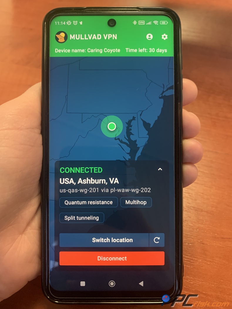 Mullivad für Android-Dashboard