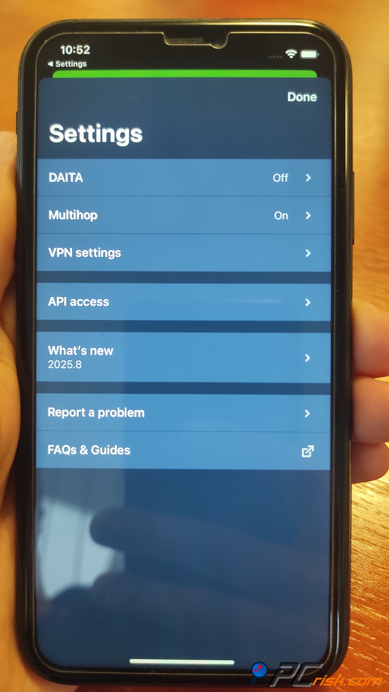 Mullivad für iOS-Einstellungsmenü