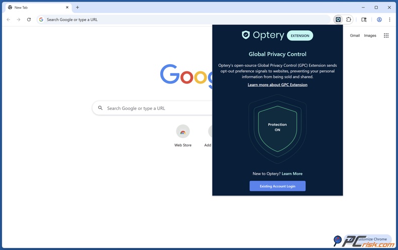 Optery Global Privacy Control (GPC) Browser Erweiterung