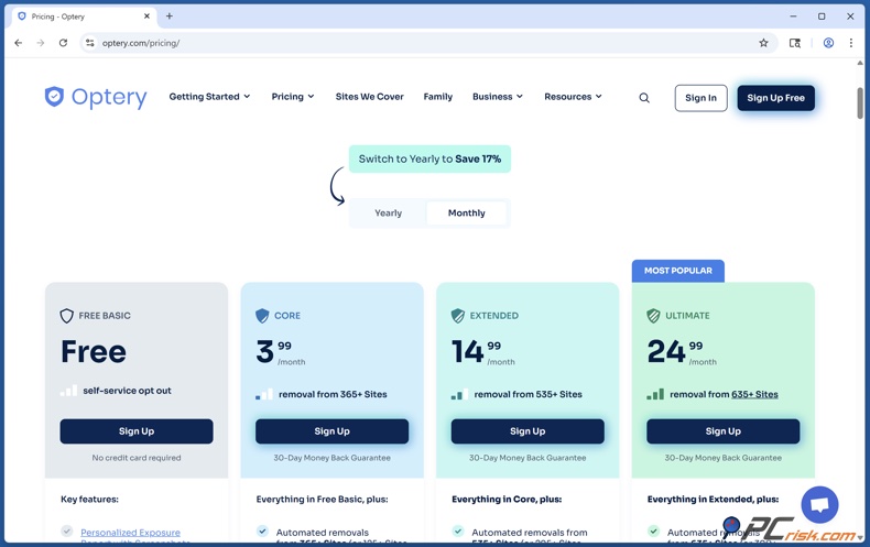 Optery Monatliche Preise
