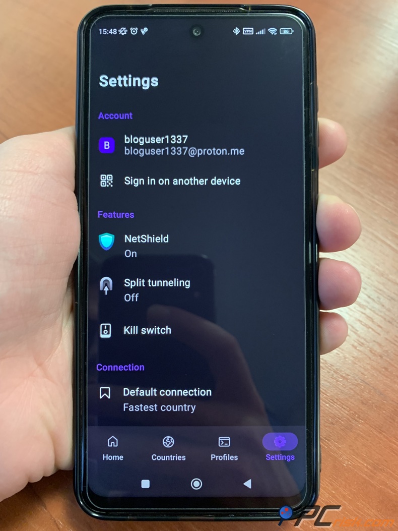 Proton VPN App für das Android-Einstellungsmenü