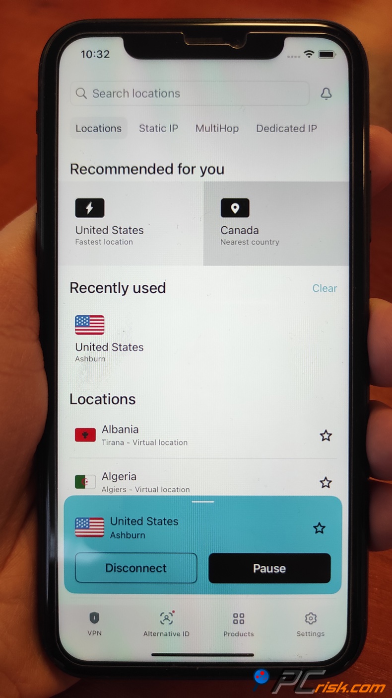 Surfshark für iOS-Dashboard