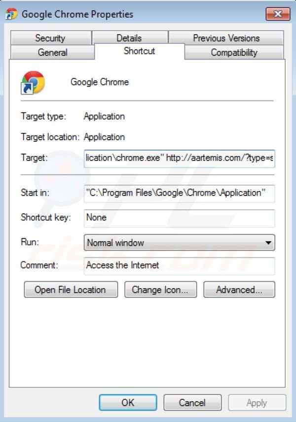Aartemis Entfernung von Google Chrome Verknüpfungszielen