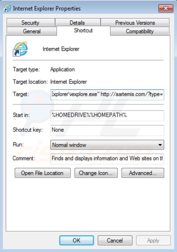 Aartemis Virus Entfernung von Internet Explorer Verknüpfungszielen